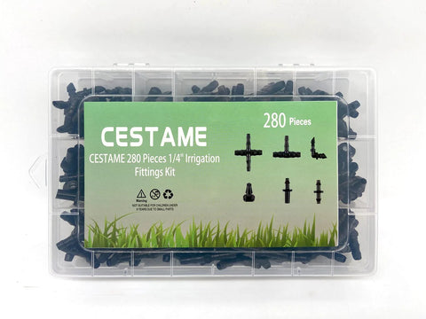 Front view of a clear plastic box containing 280-piece CESTAME irrigation fittings kit for 1/4 inch tubing.