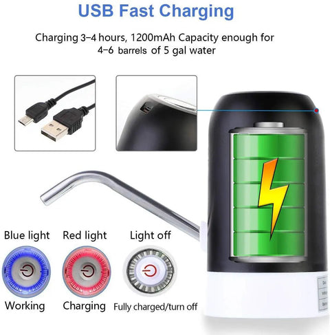 5 Gallon Electric Water Dispenser Pump For 2 To 5 Gallon Jugs, USB Rechargeable Water Bottle Pump With Reusable Caps, charging indicators
