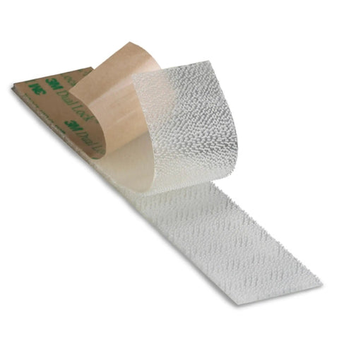 Dual Lock Low Profile Reclosable Fastener Tape 5/8 Inch By 10 Feet Clear showing adhesive backing and texture.