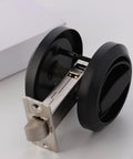 Sleek Stainless Steel Low Profile Door Knobs With Butter Smooth Nonlocking Flat Handle And Hidden Recessed Cup Shape Fast Mount Pocket Entry Handle Set Includes Black Chicago Screws For Rock Solid Grip, showing detailed handle design and mechanism.