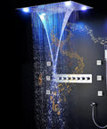 Top Notch LED Ceiling Shower Panel With Built In Bluetooth Speaker And Six Spray Functions Including Rainfall Waterfall And Body Mist For A Chill Spa Upgrade In Antique Brass with illuminated water spray and controls