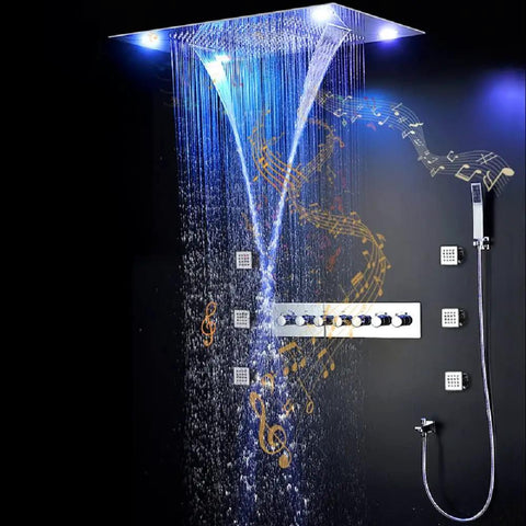 Top Notch LED Ceiling Shower Panel With Built In Bluetooth Speaker And Six Spray Functions Including Rainfall Waterfall And Body Mist For A Chill Spa Upgrade In Antique Brass with illuminated water spray and controls