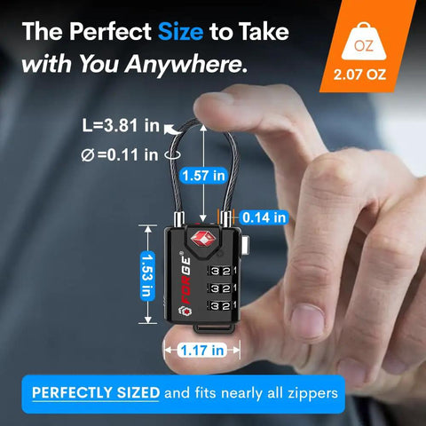 Durable Luggage Locks With Resettable Combination And Alloy Body For TSA Recognition In Hand Showing Size Dimensions