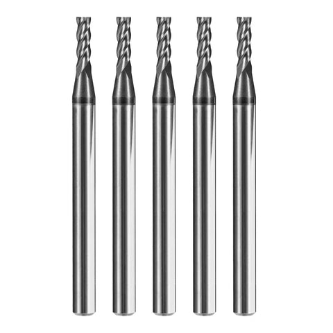Built For Tough Steel Jobs Five Piece 5/64 Inch Carbide End Mill Set With 4 Flutes, 1/8 Inch Shank, 3/16 Inch Cutting Length, for Alloy Steel