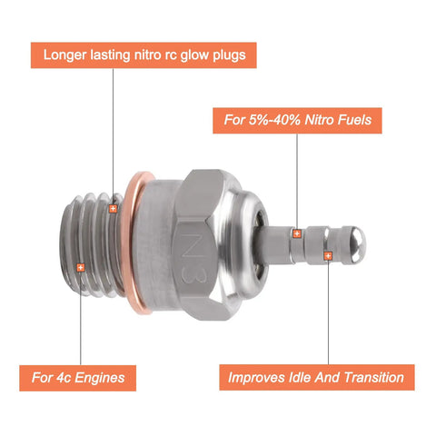 N3 Glow Plug RC Pack For 1 By 8 And 1 By 10 Nitro Engines, Hot Glow Plug No 3, shown with features highlighted