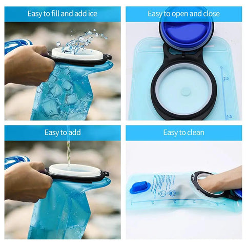 Hydration Bladder With Large Opening For Easy Fill, Leakproof Water Reservoir Bag shown with ice, water fill, and cleaning features.
