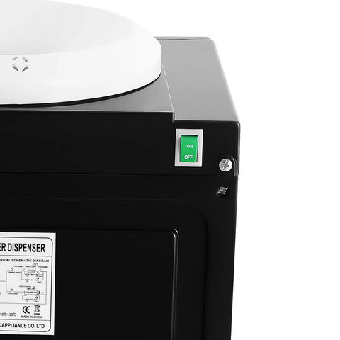 Close-up of the on/off switch on a Top Loading Water Dispenser With 3 Temperature Settings, Countertop Electric Hot And Cold Water Cooler.