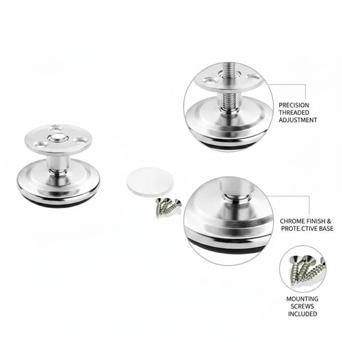 Threaded Adjustable Furniture Leg With Chrome Finish, 1.2 To 7.1 Inch Height Range, shown with mounting screws and protective base