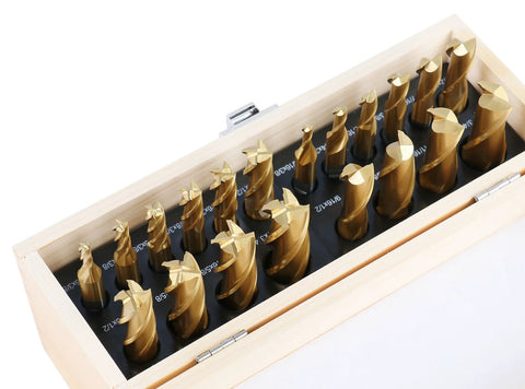 Accusize 20-piece TiN-coated HSS end mill set in wood case, inch sizes 3/16 to 3/4, 2F/4F, straight shank.