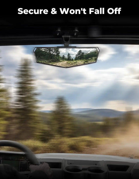 View of upgraded top heavy duty magnetic rear view side mirror with wide angle HD convex lens for UTV rides.