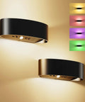 Motion Sensor Wall Light With 5000Mah Battery And Remote Featuring 15 Rgb And Three Warm Modes Dimmable Wireless Sconces on wall.