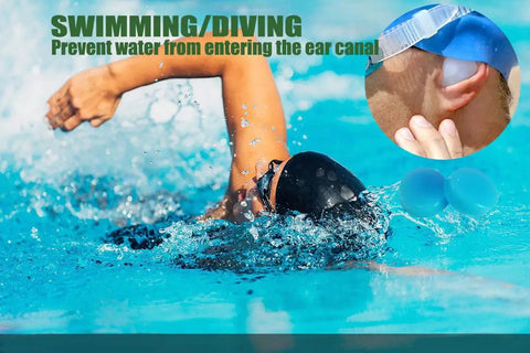Soft Silicone Sleep Ear Plugs For Noise Reduction Up To 32dB, Ideal For Swimming shown protecting ears in pool