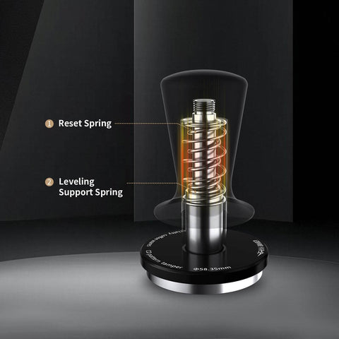 Diagram of Dual Spring 58mm Espresso Tamper With Auto Rebound And Auto Leveling, showing internal springs and leveling mechanism