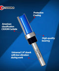 Workhorse Pro Grade Flush Trim Router Bit Set Four Piece One Quarter Inch Shank Carbide Tipped Premium Alloy with protective coating.