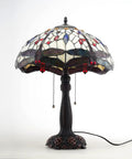 Vintage Tiffany Style Table Lamp With Red Dragonfly Stained Glass Shade 23 Inch High Two Light Bedside Lamp on white background