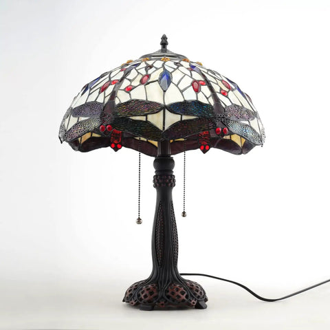 Vintage Tiffany Style Table Lamp With Red Dragonfly Stained Glass Shade 23 Inch High Two Light Bedside Lamp on white background