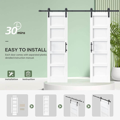 Double 24x84 Inch White Sliding Barn Door Slab With 8 Ft Hardware Kit Included, showing easy installation features.