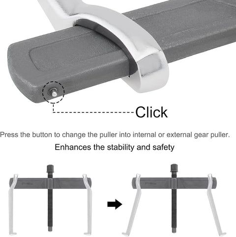 Close-up of a 12-inch two-jaw gear puller gripping a gray bar; silver curved handle visible