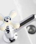 Cross-Arm Tub Shower And Sink Faucet Handle For 2-3 Handle Faucets Chrome And White Porcelain Finish Swap-In Replacement Kit installed