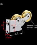 Heavy Duty Double Wheel Sliding Door Pulleys For Pantry And Closet Tracks Runs Slick Replacement Rollers With Dead Silent Bearing Furniture Hardware Upgrade Set, showing dual wheels and dimensions.