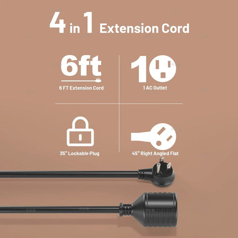Six Foot Indoor Outdoor Extension Cord With Flat Plug Locking 35 Degree Plug Three Prong Grounded 16 AWG 125V 1625W UL Listed Black