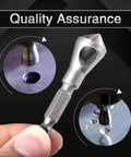 3-Piece Countersink And Deburring Tool Set With 90 Degree Center Punch, held in hand, showing metal chamfering close-up