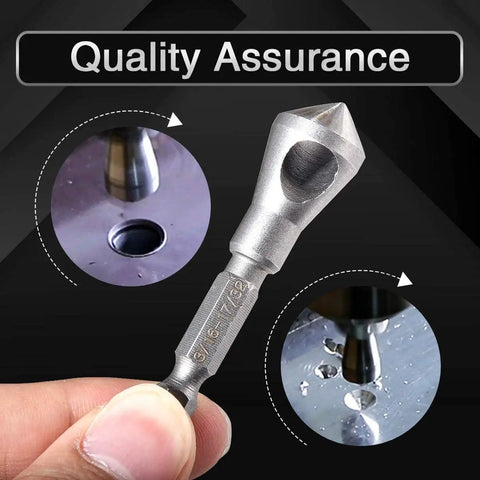 3-Piece Countersink And Deburring Tool Set With 90 Degree Center Punch, held in hand, showing metal chamfering close-up
