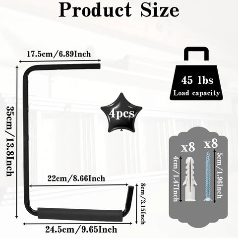 Heavy Duty Ceiling Ladder Hooks Pack Of 4 For Garage Storage Rack Organization, Wall Mounted Hangers showing dimensions and load capacity