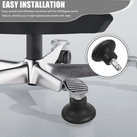 5pc Office Chair Casters for Swivel Chairs Solid PU Silent Wheels close-up of black PU wheel and base with metal support.