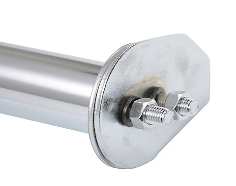 Rock Solid Stainless Steel Spring Loaded Mud Flap Hanger With Round Tube Frame and One One Eighth Bolt Spread, close-up of brackets.