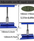 Adjustable size RC repair stand with height and base measurements All In One RC Car Repair Stand Kit With 360 Degree Rotation