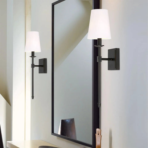 Dope Mid Century Modern Wall Sconce 20 Inch Tall With Oil Rubbed Bronze Finish And White Linen Shade Candle Style Wall Light For Bathroom Or Powder Room Accent Lighting
