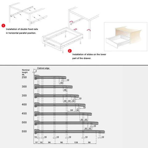 Beefy Drawer Slides Kit 1 Pair Metal Runners With 50kg Load, Two-Section Full Extension For Kitchen Cabinets, Dresser, Bathroom And Keyboard Storage, Anti Rust Wear Resistant White Finish installation diagram with 250-550mm sizes