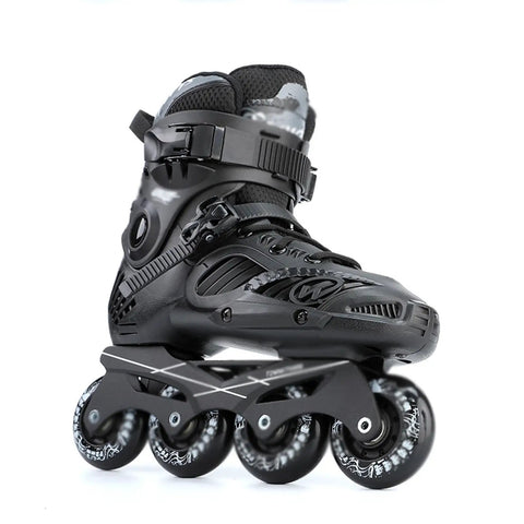 Fast Speed Inline Skates for Adults Unisex Black With Safe Ratchet Buckle And Laces Closure Impact Resistant Shell Quiet Bearings And Brakes Street Ready Gear For Beginners To Pro Racing Outdoor Fitness And Recreation side view