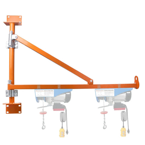 Heavy Duty Wall Mount Jib Crane Hoist Support Arm With 180 Degree Swinging Electric Scaffolding Lift Bracket All Steel Construction 660 Lbs Capacity For Industrial Garage Workshop Use Durable Steel Pole Holder mounted on wall.