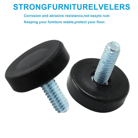 16 Piece Adjustable Furniture Leveling Feet Set For Tables And Chairs With One Quarter Inch Threads, Zinc Plated Bases, Durable Rubber Pads, Easy Height Adjustment For Indoor And Patio Use