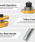 Close-up of Shaker Style Rail and Stile Router Bit Set for DIYers showing teflon coating and alloy steel handle.