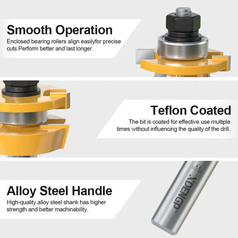 Close-up of Shaker Style Rail and Stile Router Bit Set for DIYers showing teflon coating and alloy steel handle.