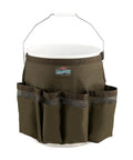 Workhorse Garden Bucket Tool Organizer for Five Gallon Buckets with heavy duty 600D ripstop fabric and glove clip, side view.