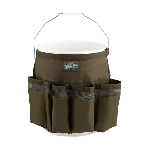 Workhorse Garden Bucket Tool Organizer for Five Gallon Buckets with heavy duty 600D ripstop fabric and glove clip, side view.