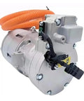 Top Notch Electric HVAC AC Compressor Replacement Pump For Tesla Model 3 And Model Y Rides with orange hose and cast aluminum body.