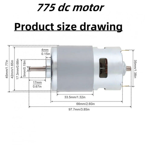775 DC motor product size drawing with measurements, showing high torque 12V-24V DC motor upgrade with dual ball bearings.