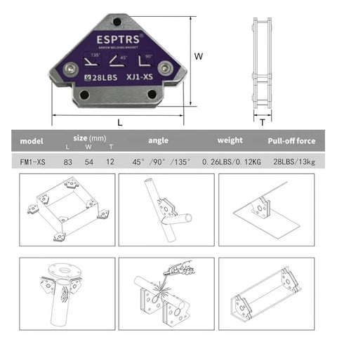 ESPTRS Arrow Welding Magnet, purple metal construction, 28 LBS holding capacity, multi-angle welding tool (front view)