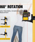 Pro Grade Telescoping Laser Level Pole With Tripod And Mount, 12 Foot Reach, showing 360° rotation and adjustable height features.