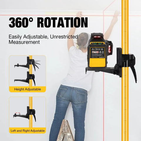 Pro Grade Telescoping Laser Level Pole With Tripod And Mount, 12 Foot Reach, showing 360° rotation and adjustable height features.