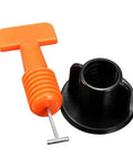 Ultimate Tile Leveling System Kit For Ceramic Floor And Wall Tiles, Reusable Dowels With Wrench, 100 Pcs Flat Pin Fasteners, Keeps Grout Even And Tiles Flat, Speeds Up Installation For DIY Or Pros. Orange tile leveling wedge with black reusable base and wrench