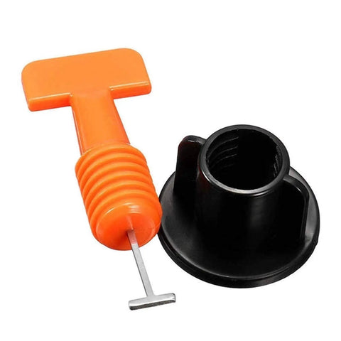 Ultimate Tile Leveling System Kit For Ceramic Floor And Wall Tiles, Reusable Dowels With Wrench, 100 Pcs Flat Pin Fasteners, Keeps Grout Even And Tiles Flat, Speeds Up Installation For DIY Or Pros. Orange tile leveling wedge with black reusable base and wrench