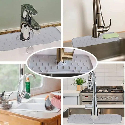 Silicone Faucet Sink Mat Splash Guard Behind Faucet Drain Pad for Kitchen and Bathroom Drip Protector, Gray, in use