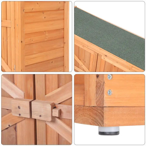 Close-up of Outdoor Wooden Storage Shed With Extra Large Capacity Garden Tool Cabinet details, showing wood finish and hardware.