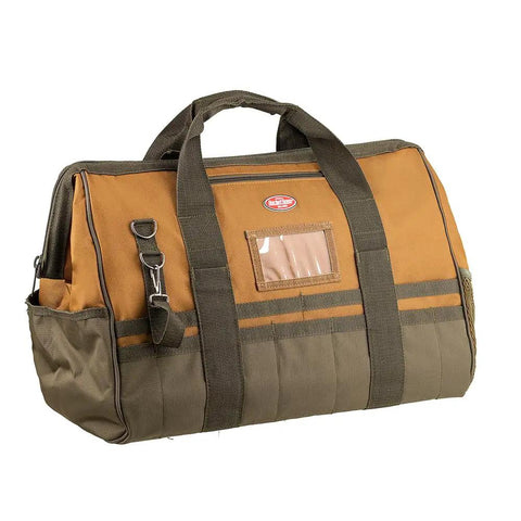 Gatemouth 20 Inch Tool Bag Brown With Wide Zip Opening And 36 Pockets Front Tech Pocket For Tablet Rugged Webbing Handles